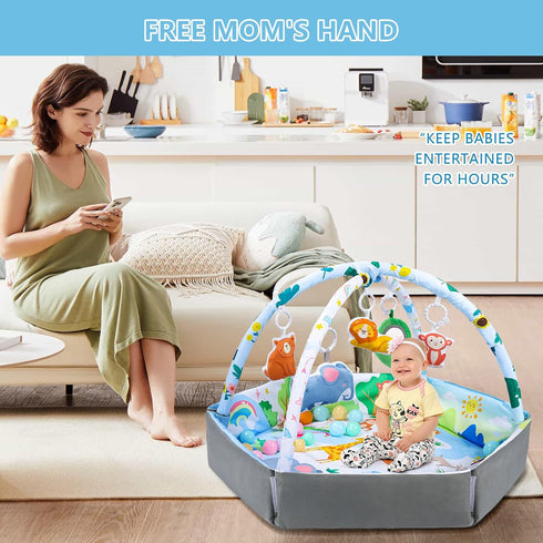 ZFDEBY 8-in-1 Tummy 0-3-6-9-12 Baby Gym Play Mat, Time Mat & Activity Gym Mat Ball Pit with Detachable Toys, Washable