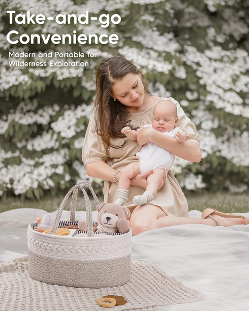 Maliton Extra Large Diaper Caddy Organizer, Cotton Rope Nursery Basket, Portable Organizer for Changing Table, Car