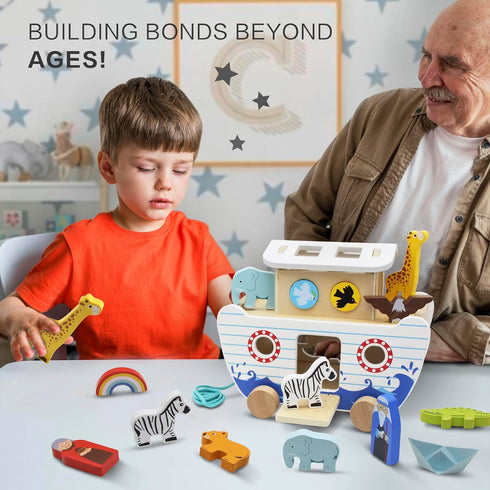 Set, 2-4 bpmfkid Noah's Ark Wooden Toy Educational Wooden Animal Toys for Toddlers, Montessori Shape Sorter Educational