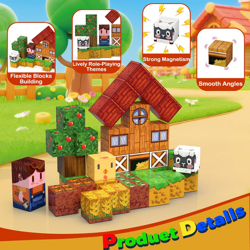 35PCS 3-8, 3-5Fun Farm Animal Magnetic Building Blocks Travel Toys, Magnetic Cubes for Kids Portable STEM Building