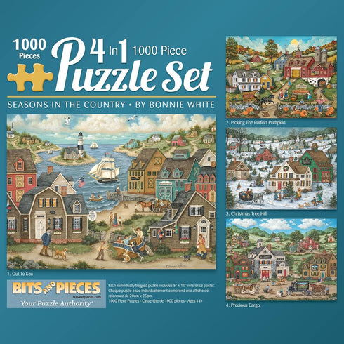 Bits and Pieces – 4-in-1 Multi-Pack, 1000 Piece Jigsaw Puzzles for Adults, 'Seasons in The Country' Bundle