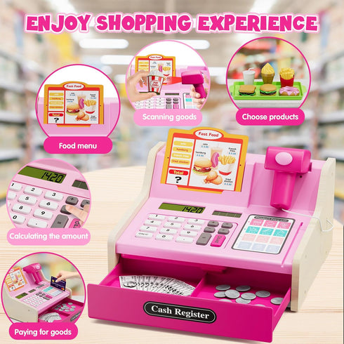 3-8,Color Wee Wonders Wooden Cash Register for Kids with Real Calculator, Rechargeable Cash Register Toy