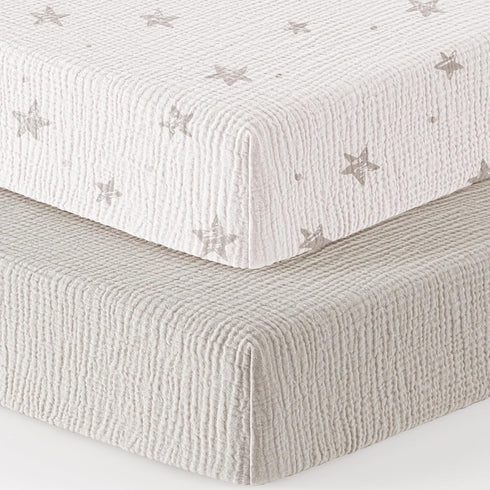 100% 52"x28" 2 Pack Bearmoss Muslin Crib Sheets - Cotton Baby Crib Sheets Fitted for Standard Crib Mattress & Toddler