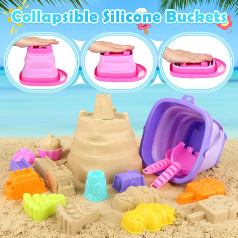 Set 3-10, 2 Pack Set Dreamon Collapsible Beach Toys for Kids Collapsible Sand Bucket with Beach Molds and Mesh Bag