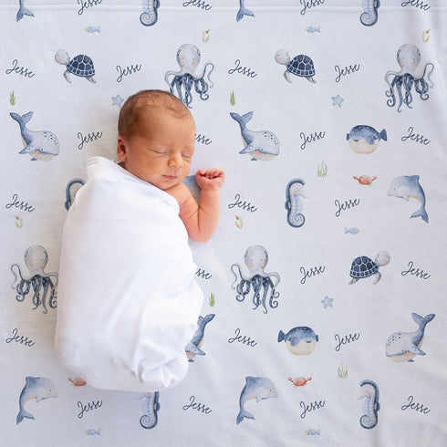 Stork Wares 30x40inch BB349 Under The Sea Personalized Unisex Baby Swaddle Blanket White