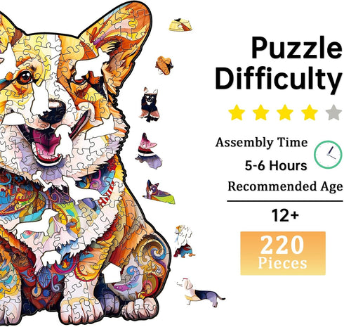 Wooden Puzzles for Adults, Clever Corgi Wooden Jigsaw Puzzles, Unique Animal Shape Wood Cut Puzzles