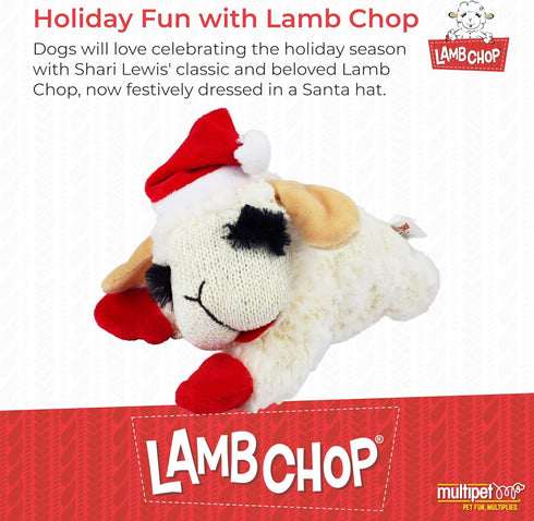 Multipet Lamb Chop Dog Plush Toy with Santa Hat - Squeaky Toy for All Dogs, Extra Soft Plush (10.5”, Cream)