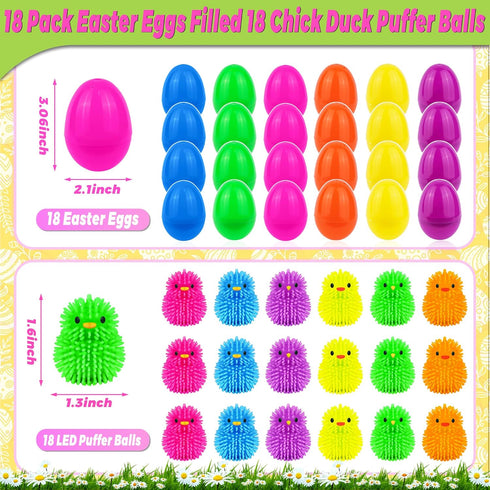 NAWITDA 18 Pack Easter Eggs Fillers with LED Chick Puffer Balls, Easter Eggs Filled with Light Up Fidget Stress Toys