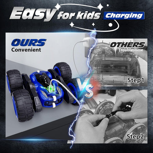 2.4GHz 4WD 360 6-8, 8-12 Tecnock Remote Control Car, RC Cars with USB-C Easy Charging, Double Sided Rotates and Flips