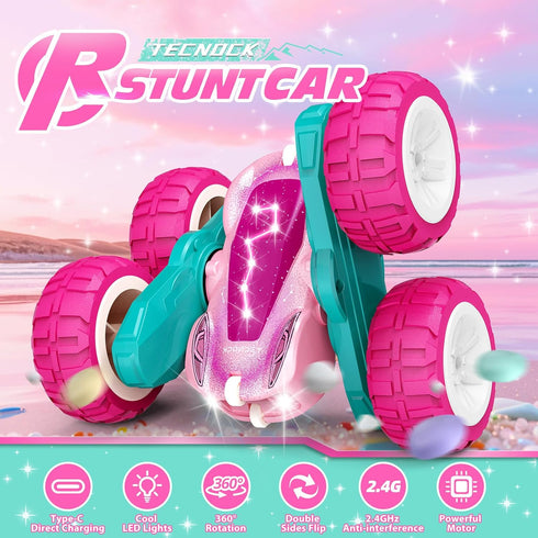 2.4GHz 4WD 360 6-8, 8-12 Tecnock Pink Remote Control Car for Girls and Boys, RC Cars with USB-C Easy Charging, Double
