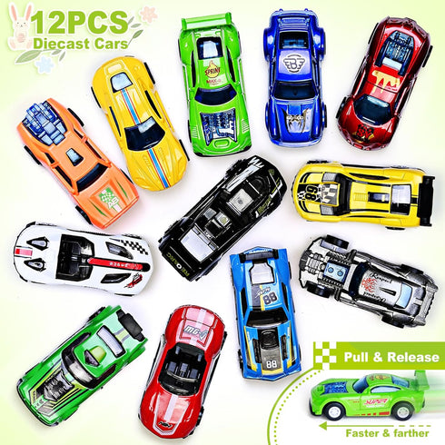 12Pack Prefilled Easter Eggs with Toys Inside, Easter Egg with Die-cast Racing Cars for Kids Basket Stuffers, Hunting