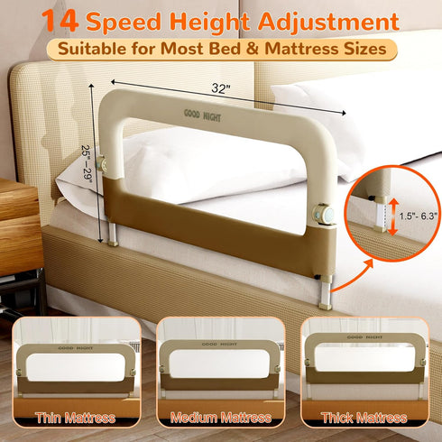 Bed Guard Rail for Toddlers - 32" Adjustable & Folding Portable Bed Railing for Crib, Twin, Bunk, Full, Queen & King