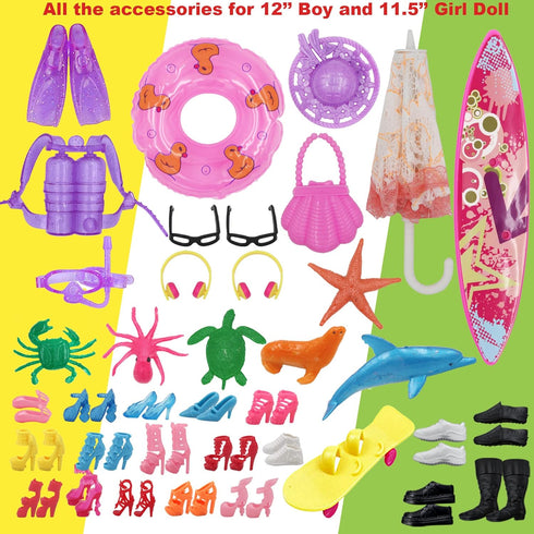 89Pcs Doll Clothes and Accessories for 12 Inch Boy Doll and 11.5 Inch Girl Doll, Seaside Wear Clothes and Shoes