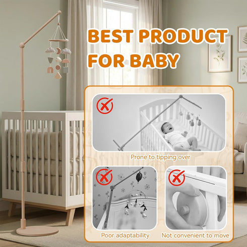 Coziloom Arm,44.5-61 Inches Floor-Standing Crib Mobile Adjustable Height Natural Beech Wood, Baby Mobile Holder Hanger