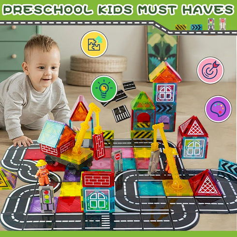 Set 3-5 4-8 5-7 3+ Magnetic Tiles Road with Crane for Kids Ages Preschool City Construction Kids Games Toddler Magnet