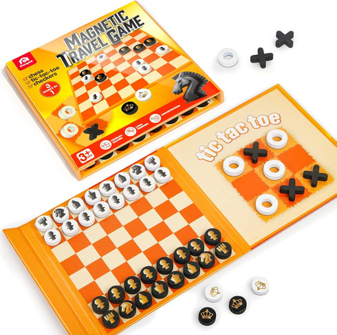 Coogam Magnetic Travel Chess Board Game, 3 in 1 Tic-Tac-Toe Checkers Set,