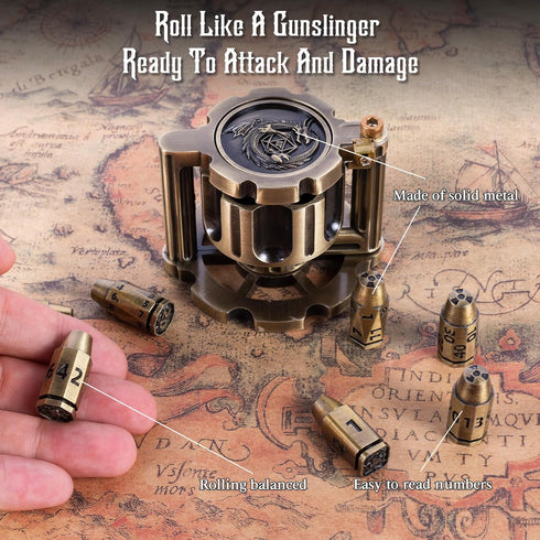 Metal Polyhedral Bullet Dice Set of 7 with Spinning Revolver Cylinder Container - DND Steampunk Style Dice
