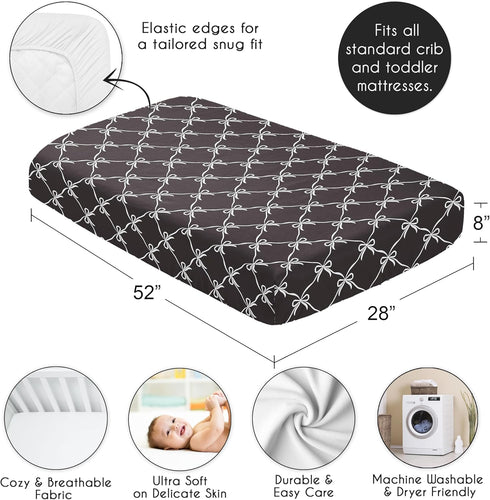 Sweet Jojo Designs Fitted Baby Crib Sheets (Black and White Bows) for Girls, Infant Nursery, Toddler Room - Standard