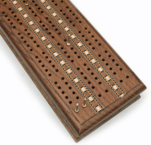 WE Games Cabinet Cribbage Set - Solid Oak Medium Stained Wood with Inlay Sprint 3 Track Board, Metal Pegs & 2 Decks of