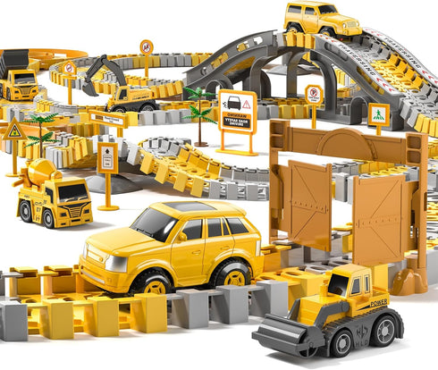 TEMI 236 PCS Construction Toys Race Tracks for 3-6 Year Old Boys, Flexible Track Playset with Construction Cars