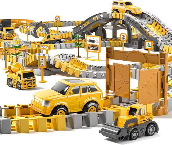 TEMI 236 PCS Construction Toys Race Tracks for 3-6 Year Old Boys, Flexible Track Playset with Construction Cars