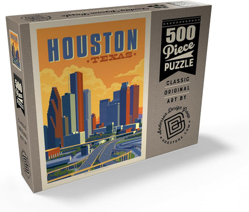 MyPuzzle Houston, Texas Vintage Poster, Skyline - Premium 500 Piece Jigsaw Puzzle for Adults