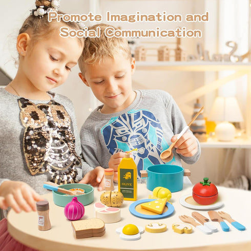 Set Sets 3-5,Gifts Boys,27pcs Wooden Kitchen Accessories Play Cooking Toys ,Play Pots and Pans for Kids,Pretend Play