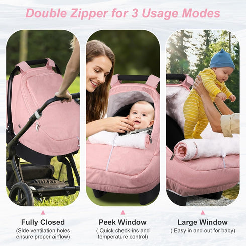 Winter Car Seat Cover for Baby Girl, Waterproof Infant Carseat Cover with Warm Plush Lining & Dual Zippers, Universal