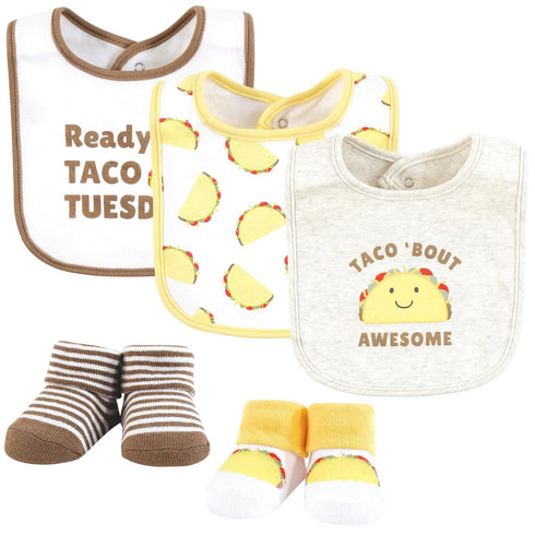 Hudson Baby Unisex Baby Cotton Bib and Sock Set, Taco Tuesday, One
