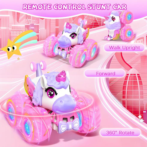 3+, 360 4WD 2.4 3 4-6 6-8 Remote Control Car for Girls, Unicorn Toys for Girls Age Rotating GHz RC Stunt Cars