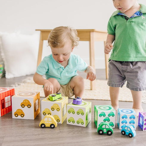 Melissa & Doug Nesting and Sorting Garages and Cars, 7 Graduated Garages and 7 Stackable Wooden Cars