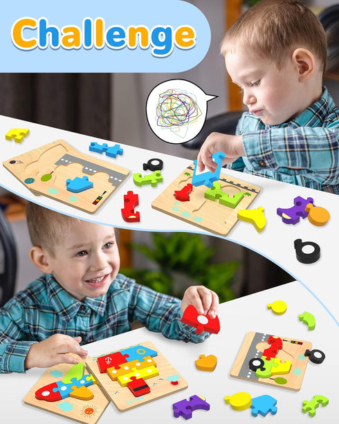 Wooden Vehicle Toddler Puzzles for 1 2 3 Years Old - Baby STEM Educational Toy Gift with 4 Vehicles Montessori