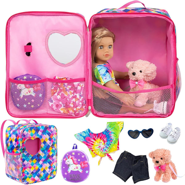 Ecore Fun 5 Items 18 Inch Dolls Bag Set with Accessories, Doll Clothes, Shoes, Sunglasses, Backpack and Toy Dog