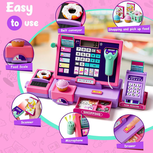 Upgraded Kids Cash Register Toy for Boys Girls, Toddler Pretend Play Cashier Register with Shop Accessories, Calculator