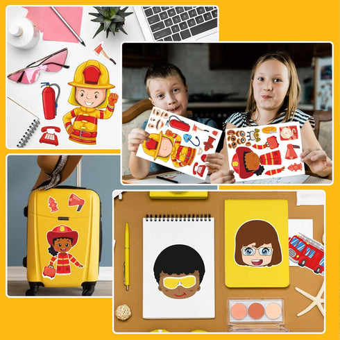 24 Sheets Firefighter Stickers for Kids, Make-a-face Fireman Themed Party Favor Craft Supplies