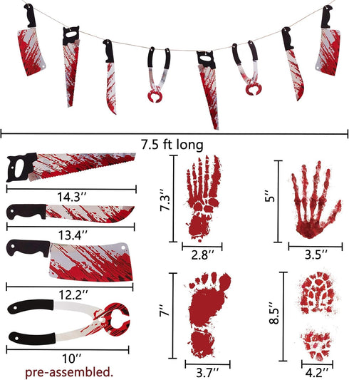 Halloween Scary Decorations Set: Horror Banner, No One Leave Backdrop, Bloody Footprints, Handprints Floor Clings,