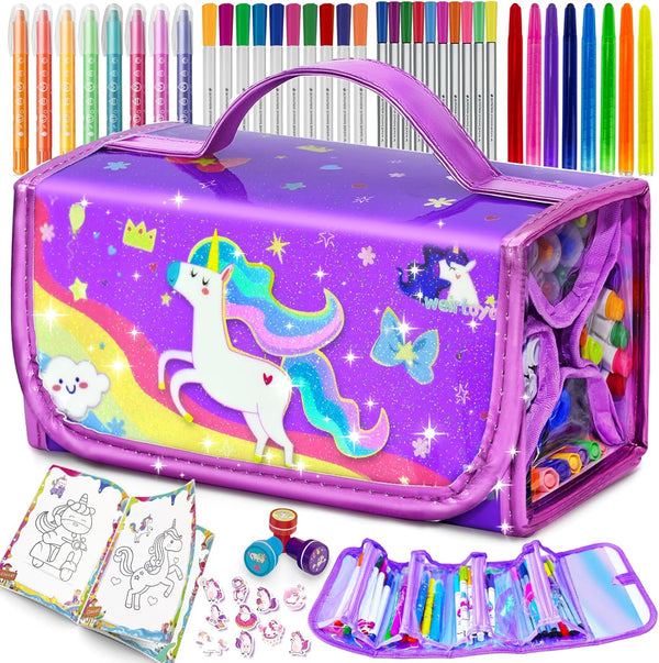 56 PCS Washable Scented Markers Set with Glitter Pencil Case, Mermaid Unicorn