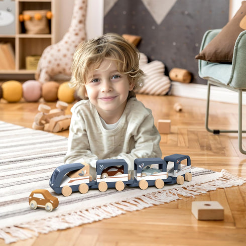 Playset 1+, Set SPEEDY MONKEY Wooden Car Transporter Train Toy Multicolor Engine with Removable Cars Carrier Train