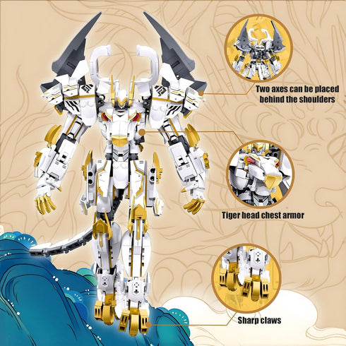 Set Playset, 679 14+ HIGH GODO Mech Robot Building Blocks for Adults, Flexible Cool White Tiger Warrior Model Kit