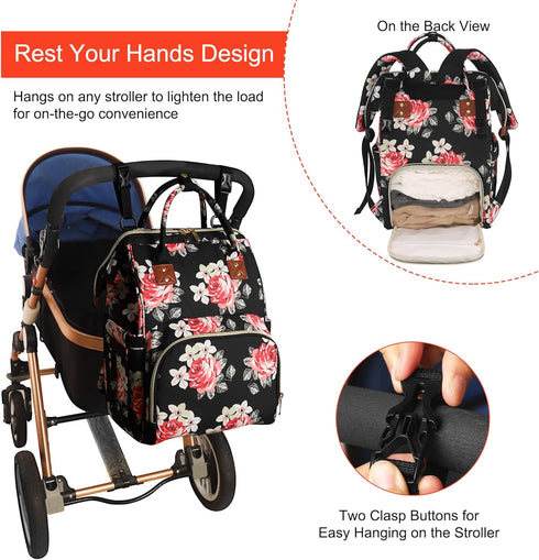 Diaper Bag Backpack, Multi-Function Baby Bag with Insulated Pockets and Large Capacity Organizer for Mom/Dad, Flower