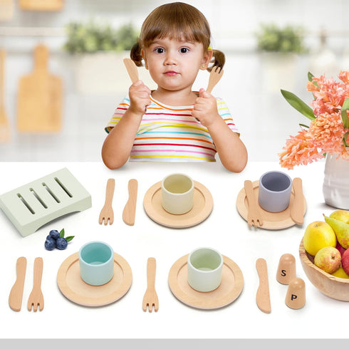 Set Set Wooden Toy Dish Toddler Plates and Cutlery Children's Kitchens Accessories Kids Role Play Food Gift for Girls