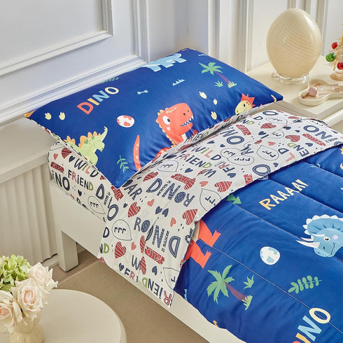 Set 4 Set Dinosaur Toddler Bedding for Boys Girls Pieces Toddler Bed - Ultra Soft Cartoon Cute Orange Yellow Blue Green