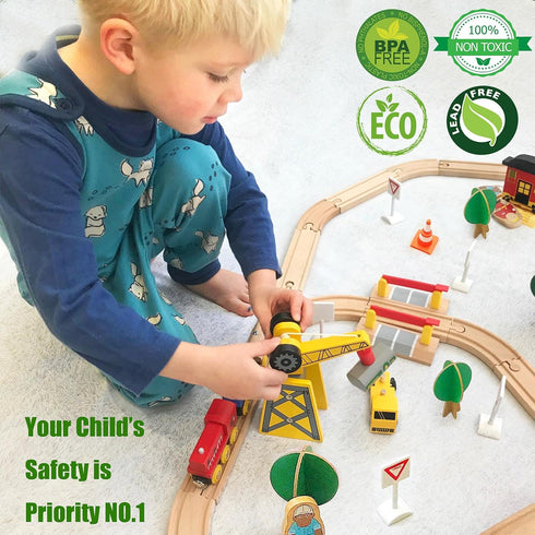 55PCS Set 3-7, Tiny Land Wooden Train - Compatible with Major Brand Tracks, Educational Toy for Toddlers & Kids Ages