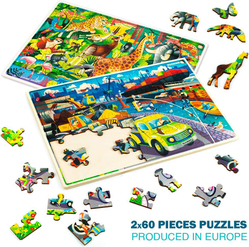 QUOKKA Wooden Kids Puzzles Ages 4-6 - 4 x 60 Piece Puzzles for Kids Ages 4-8, Cars, Ships, and Animals
