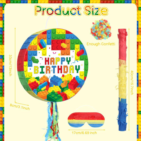 Building Blocks Piñata Set, Happy Birthday Block Party Supplies, Fiesta Piñata Bundle with Blindfold, Bat Stick,