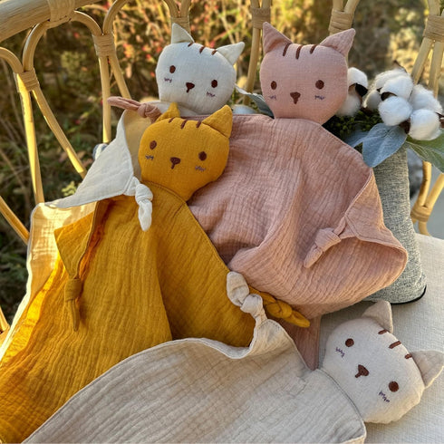 insular Lovey Blanket, Organic Cotton Muslin Security Blanket, Soft Breathable for Newborn, Beige Cat