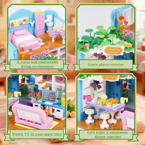 SZRUIZITEC 730PCS Set 14+ Pink Cat's House Building Blocks Kit,Dream Villa Architecture STEM Toys Friends Building