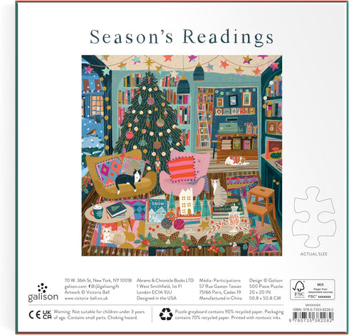 Galison 500 Piece Season's Reading Jigsaw Puzzle - Cozy Christmas Bookshop Scene with Gold Foil Accents