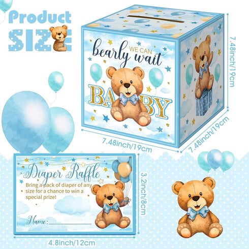 51 Spakon Pieces Bear Diaper Raffle Tickets with Box Blue for Baby Shower Supplies Game Decoration Gender Reveal Party
