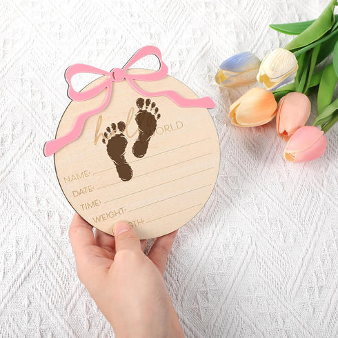 Lusofie Baby Announcement Sign, Pink Bow Welcome Baby Sign, Wooden baby Name sign for Photo Props Hospital Nursery